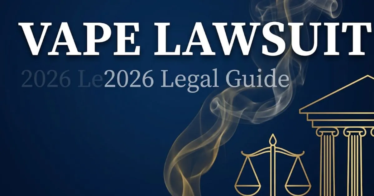 Vape lawsuit 2026 legal guide banner with courthouse and scales of justice imagery
