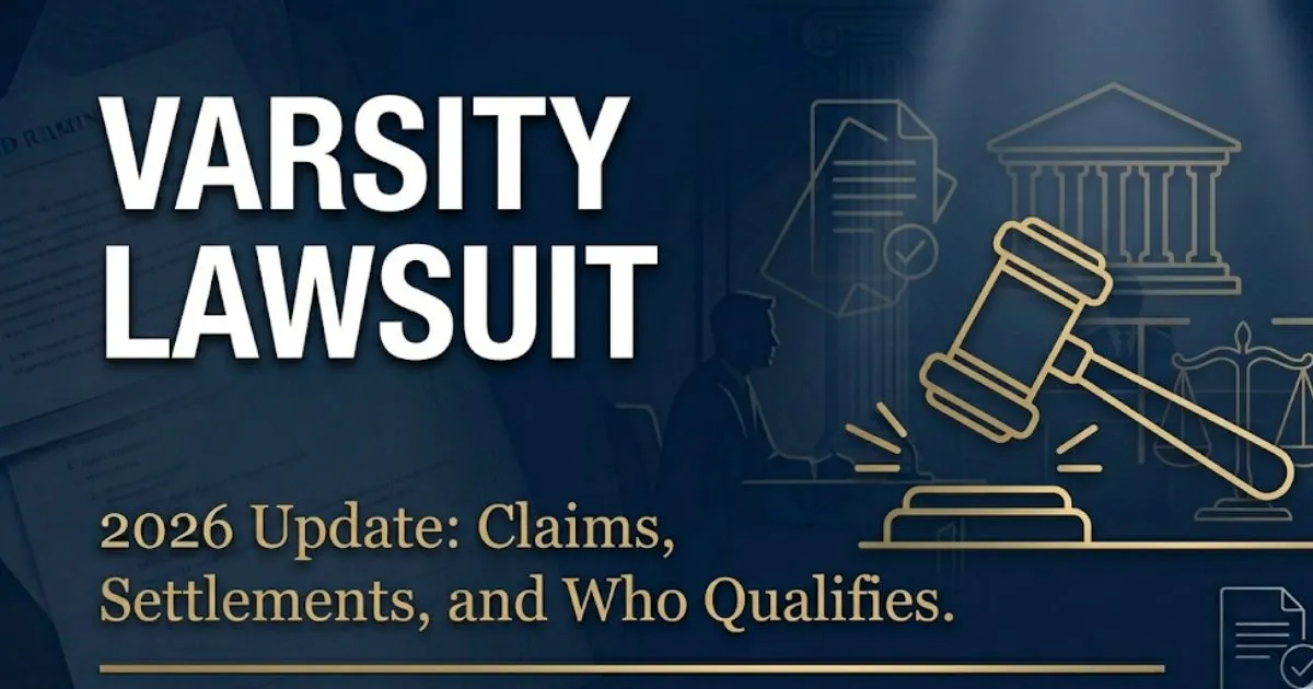 Varsity lawsuit 2026 legal banner showing gavel and scales of justice with bold headline text on navy background