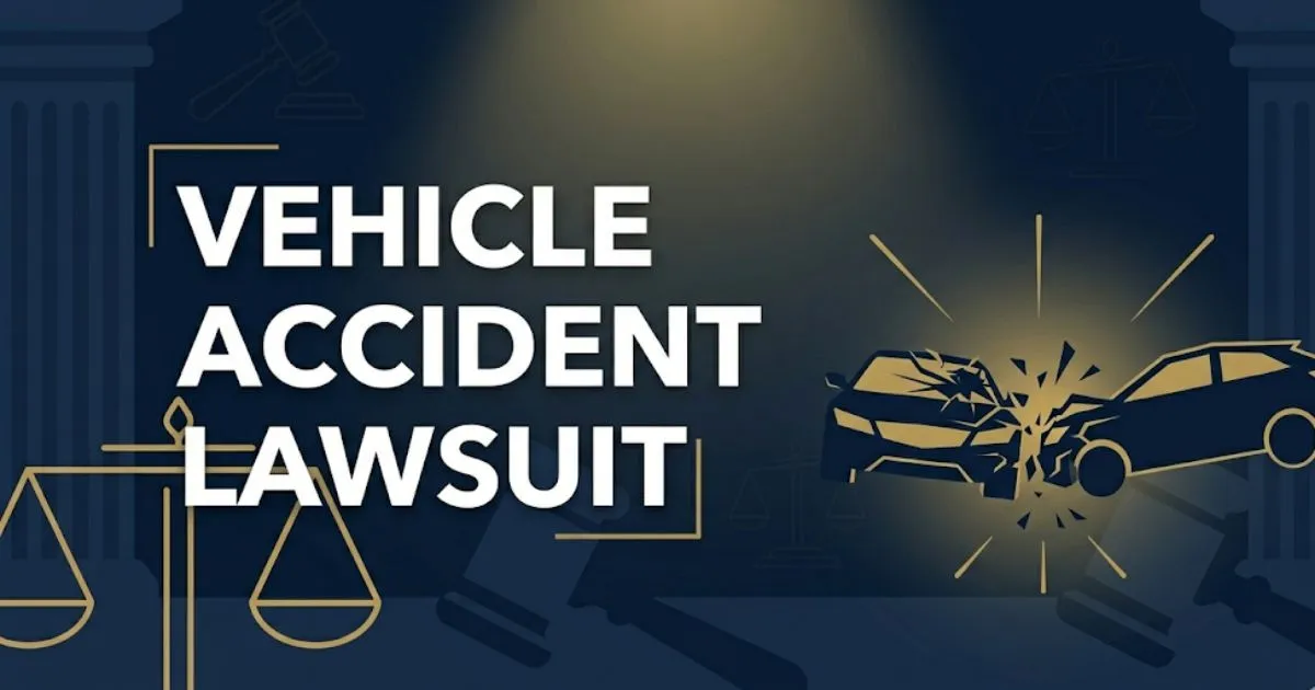 Vehicle accident lawsuit 2026 settlement guide banner showing abstract crash silhouette and legal symbols on navy background.