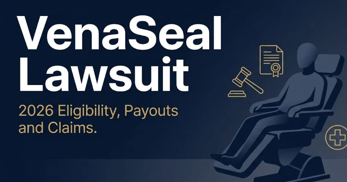 VenaSeal lawsuit 2026 blog banner with legal icons and eligibility text on navy background