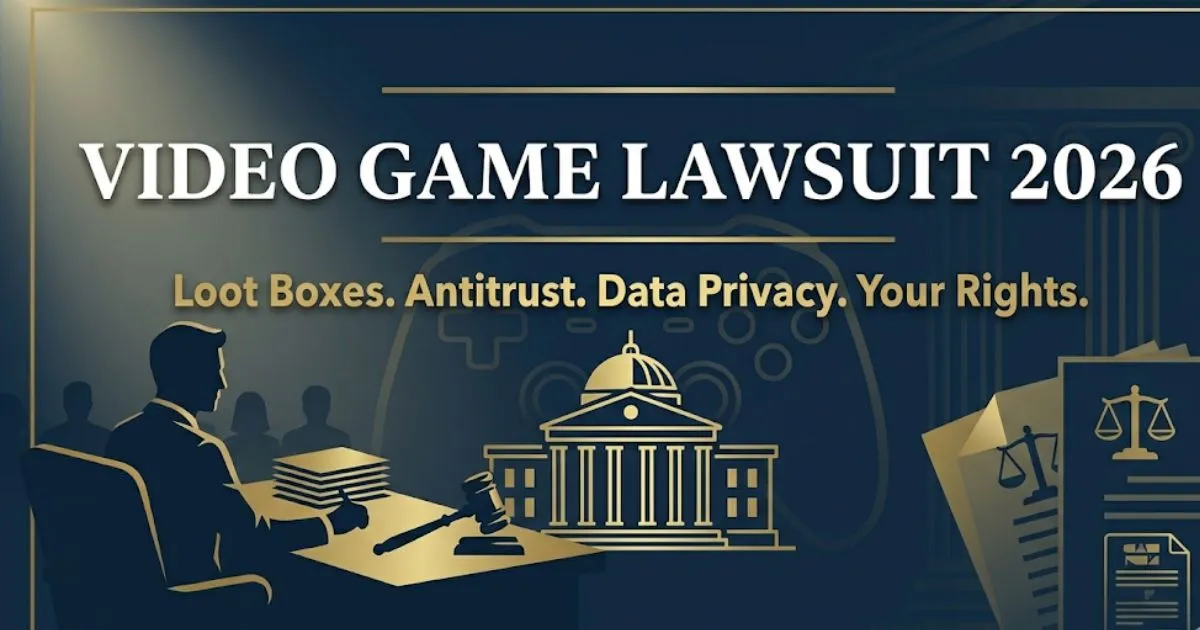 Video game lawsuit 2026 hero banner with controller and courthouse icons on a navy and gold legal editorial background
