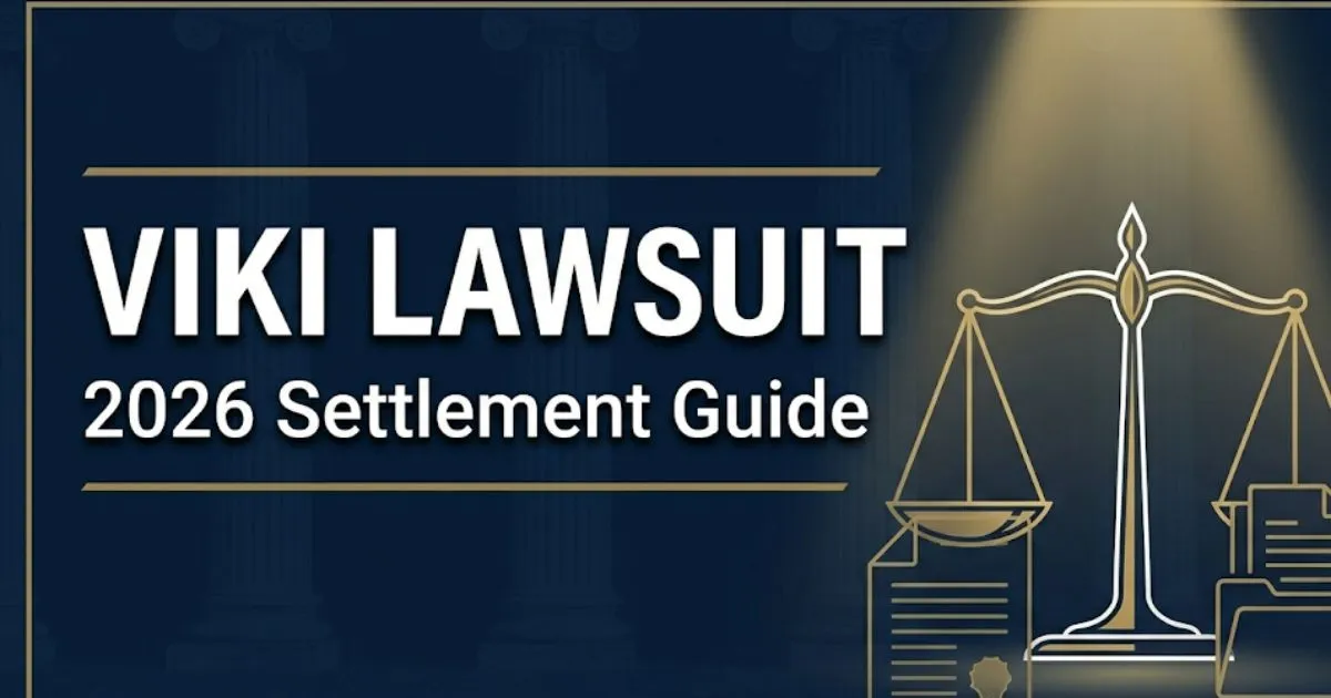 Viki lawsuit 2026 settlement guide banner showing scales of justice and legal document icons on navy background