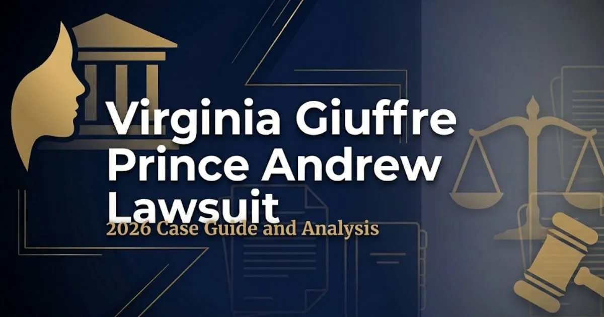 Virginia Giuffre Prince Andrew lawsuit editorial banner with legal scales and navy background, 2026 case guide