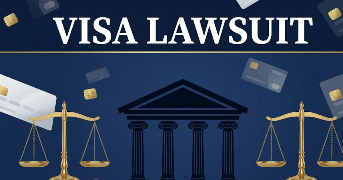 Visa lawsuit 2026 legal banner with courthouse, scales of justice, and credit card imagery