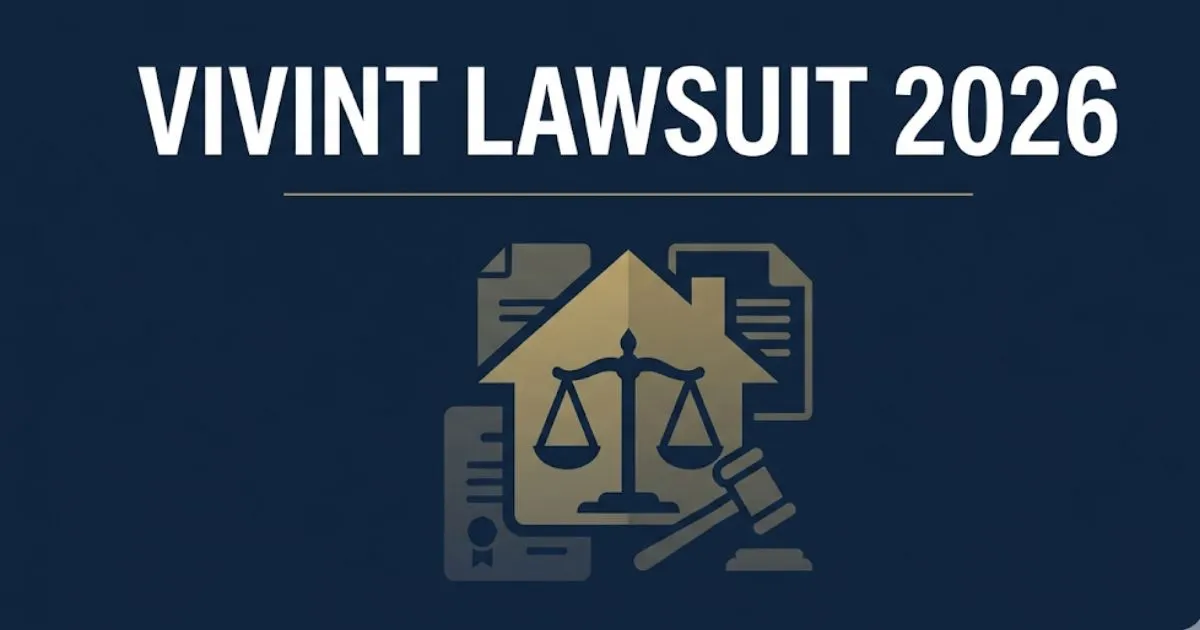 Vivint lawsuit 2026 editorial banner showing legal scales, house silhouette, and bold headline text on navy background.