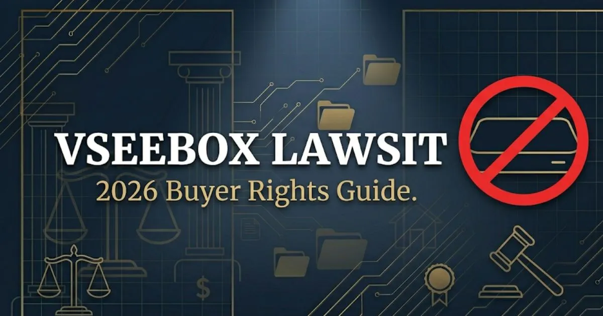 Vseebox lawsuit 2026 hero banner showing streaming device legal alert with navy and gold design