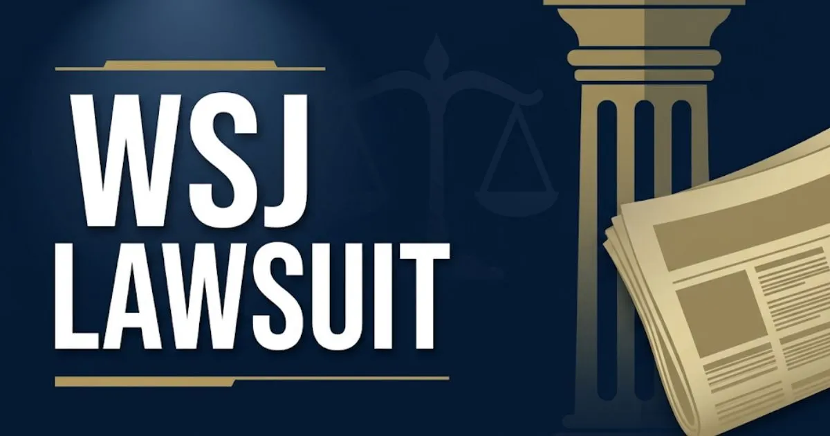 WSJ lawsuit 2026 settlement guide banner showing courthouse silhouette and legal scales on navy background