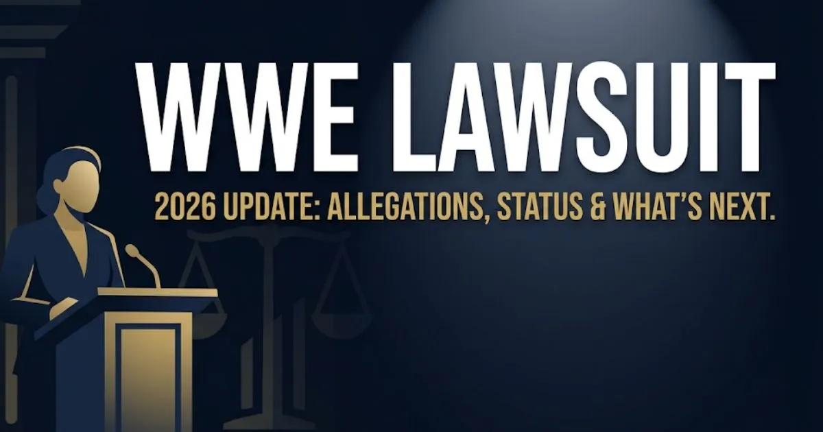 WWE lawsuit 2026 update graphic with legal scales and courthouse silhouette on navy background