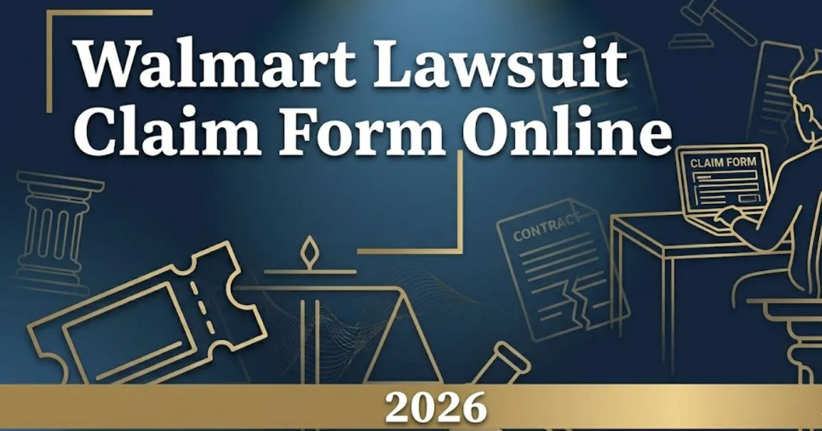 Walmart lawsuit claim form online 2026 guide banner with legal icons and filing information on navy background