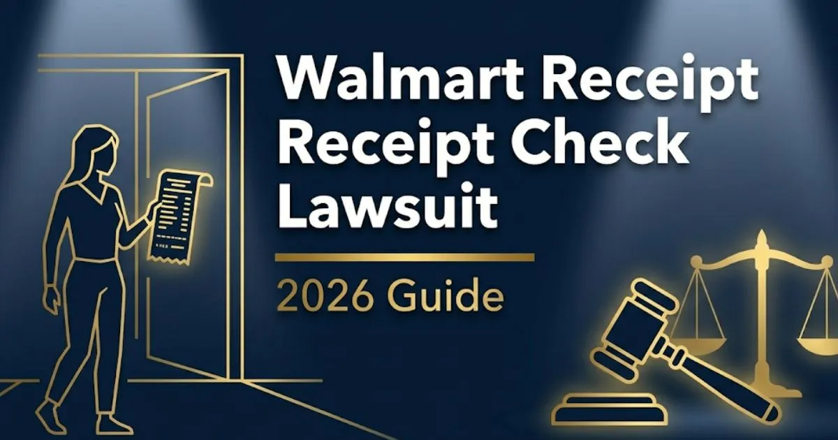 Walmart receipt check lawsuit 2026 guide banner with legal scales and shopper silhouette