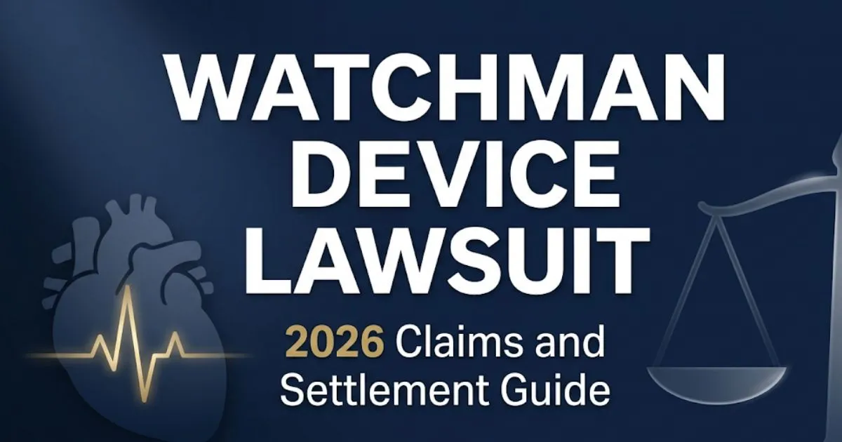 Watchman device lawsuit 2026 guide banner with heart silhouette and legal scales on navy background