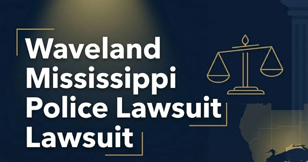 Waveland Mississippi police lawsuit 2026 guide banner with courthouse silhouette and scales of justice on navy background