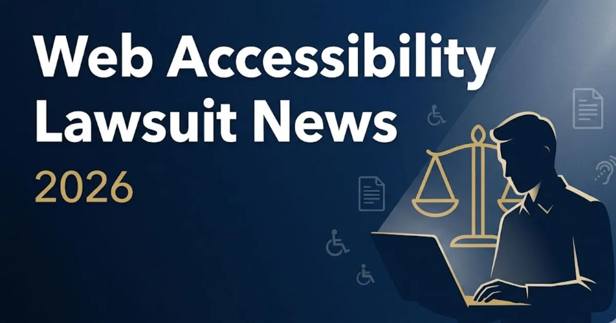 Web accessibility lawsuit news 2026 editorial banner with legal scales and accessibility icons on navy background