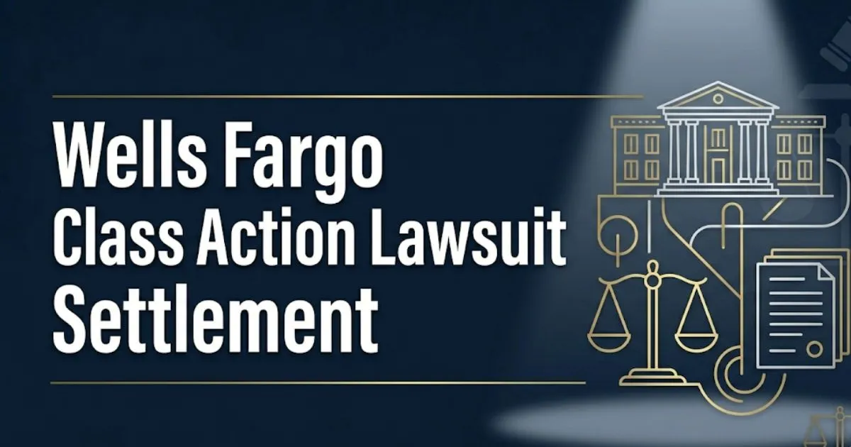 Wells Fargo Class Action Lawsuit Settlement 2026 guide banner with courthouse scales and legal document icons on navy background.