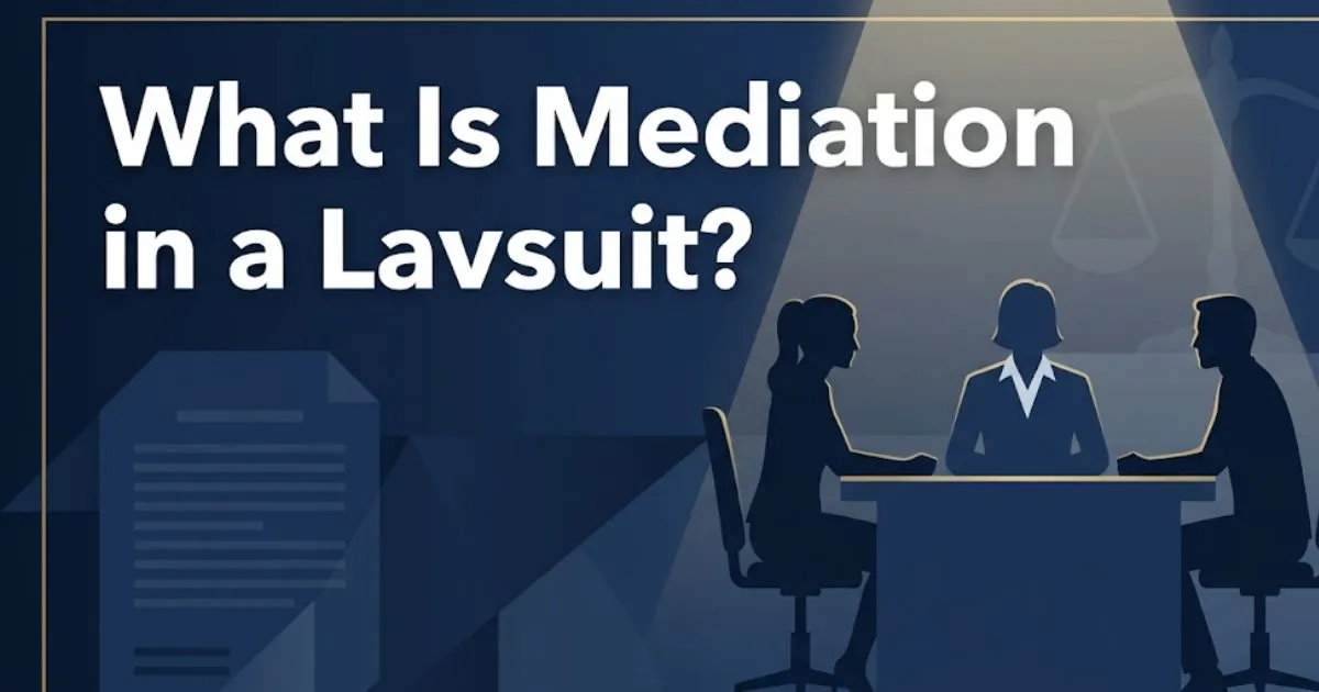 What Is Mediation in a Lawsuit infographic banner showing silhouettes at a negotiation table with legal mediation concept
