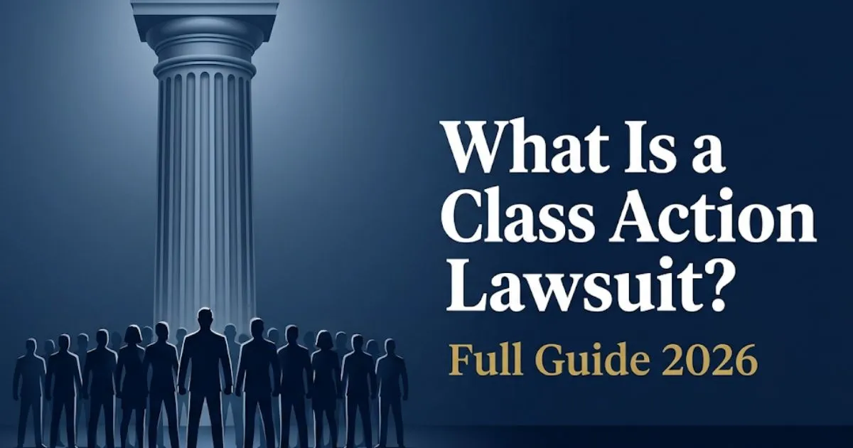 What Is a Class Action Lawsuit guide 2026, group of people silhouettes in front of courthouse on navy background
