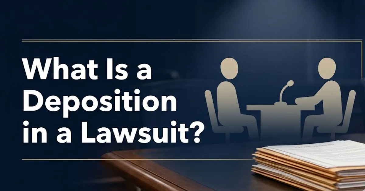 What Is a Deposition in a Lawsuit guide 2026 banner with legal testimony silhouettes and courtroom document imagery