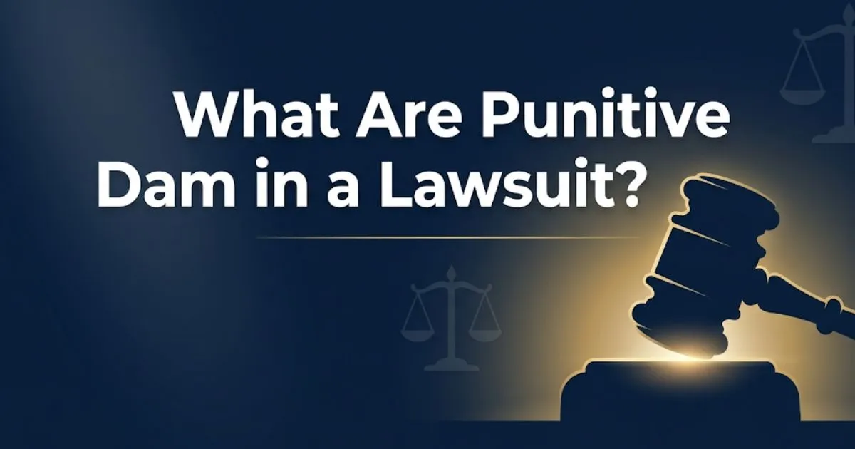 What are punitive damages in a lawsuit graphic with gavel and legal scales on navy background, 2026 legal guide