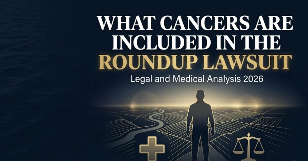 What cancers are included in the Roundup lawsuit guide banner showing legal scales and agricultural silhouette