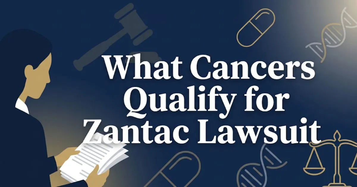 What cancers qualify for Zantac lawsuit banner with legal and medical icons on navy background