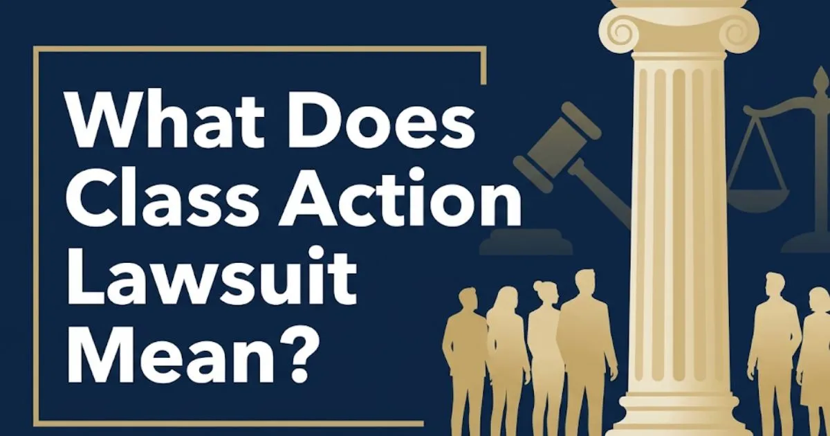 What does class action lawsuit mean guide 2026 with courthouse silhouette and group of people on navy background