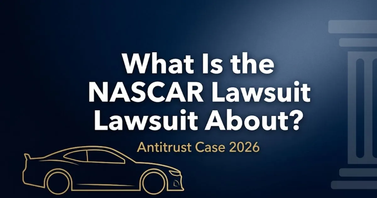 What is the NASCAR lawsuit about 2026 antitrust case explainer banner with racing silhouette and legal theme