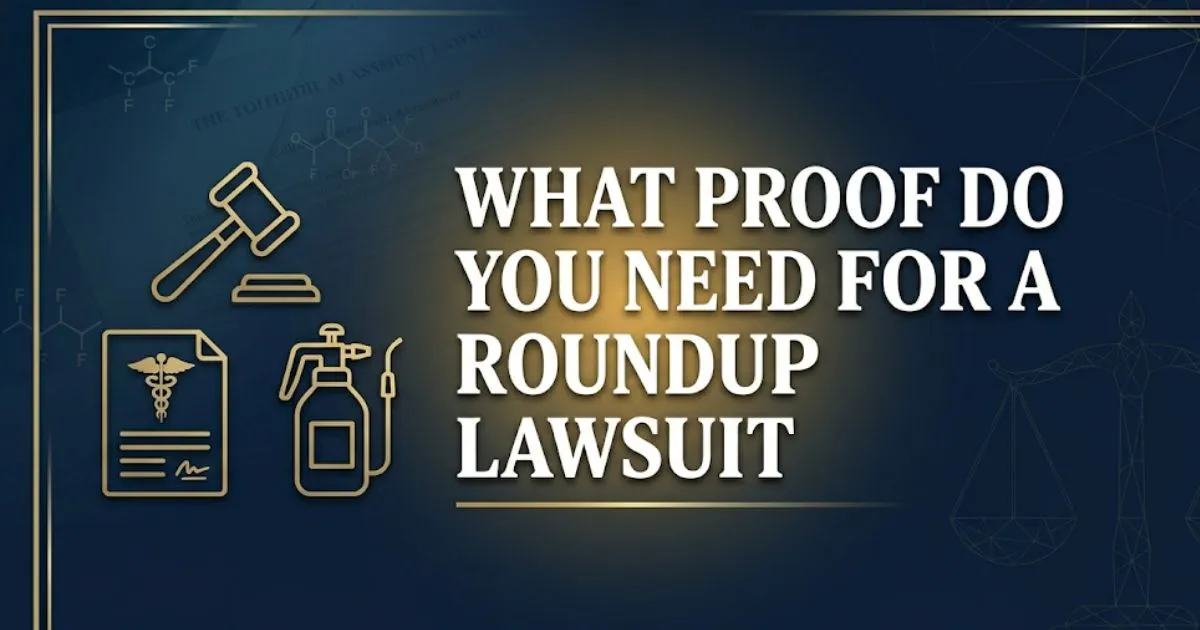 What proof do you need for a Roundup lawsuit, showing legal icons and evidence symbols on navy background