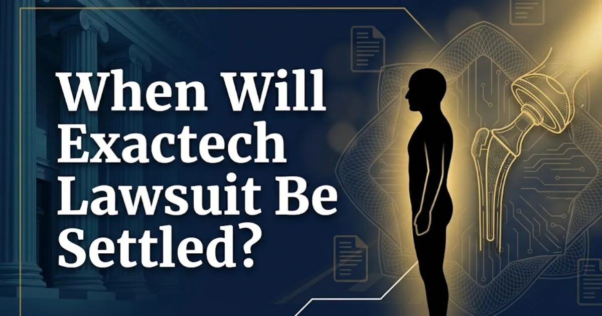 When will Exactech lawsuit be settled legal banner with implant silhouette and courthouse motif in navy and gold