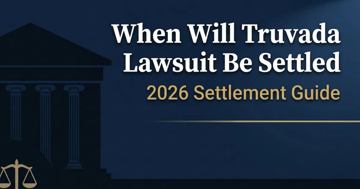 When will Truvada lawsuit be settled 2026 settlement guide with courthouse silhouette on navy background