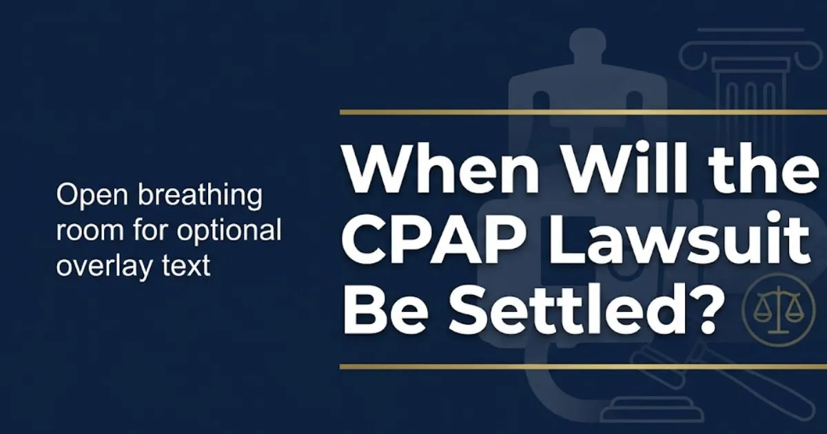 When will the CPAP lawsuit be settled banner with legal symbols and CPAP device silhouette