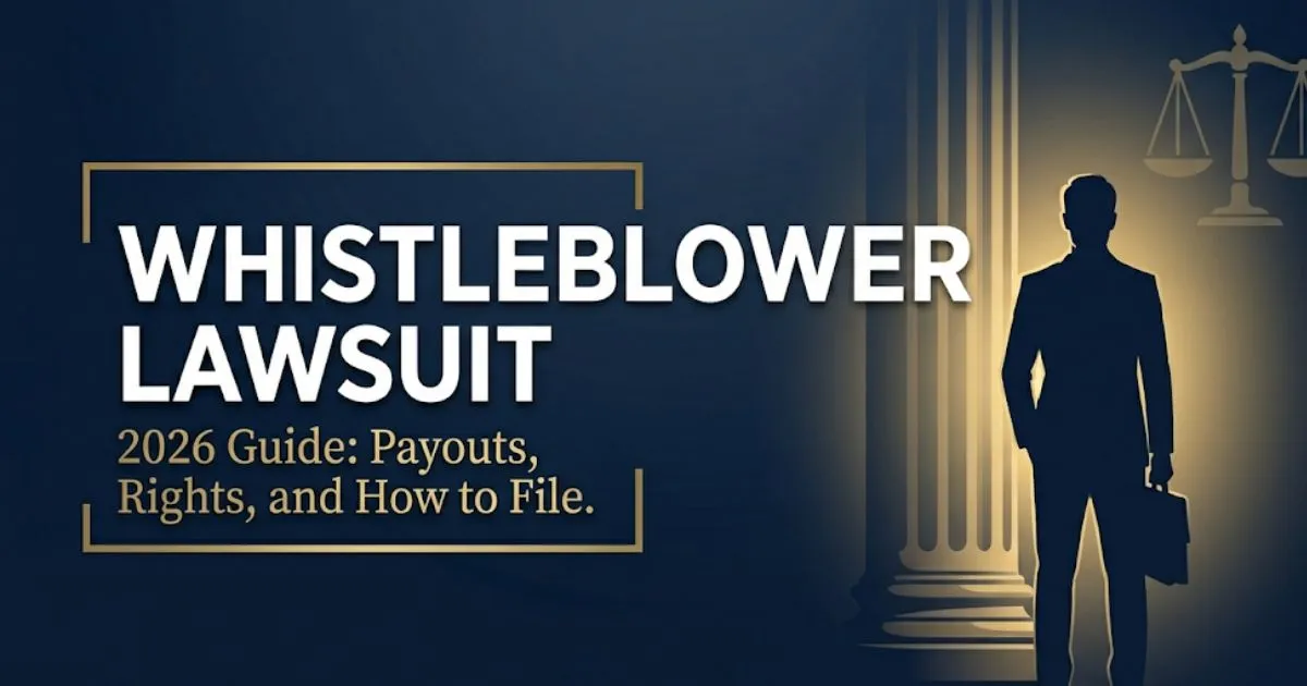 Whistleblower lawsuit 2026 guide banner showing courthouse silhouette and legal scales on navy background