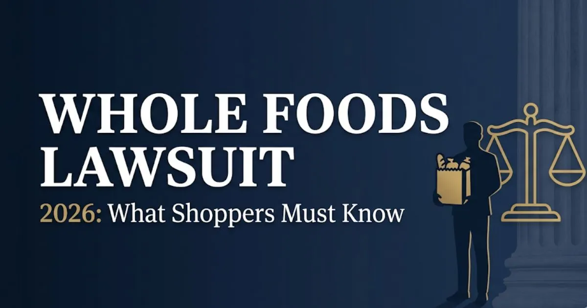 Whole Foods Lawsuit 2026 hero banner with legal scales icon, shopping silhouette, and navy and gold editorial design.