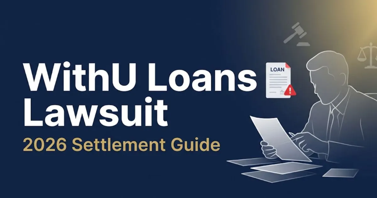 WithU Loans Lawsuit 2026 settlement guide banner with legal icons, gavel silhouette, and navy gold design