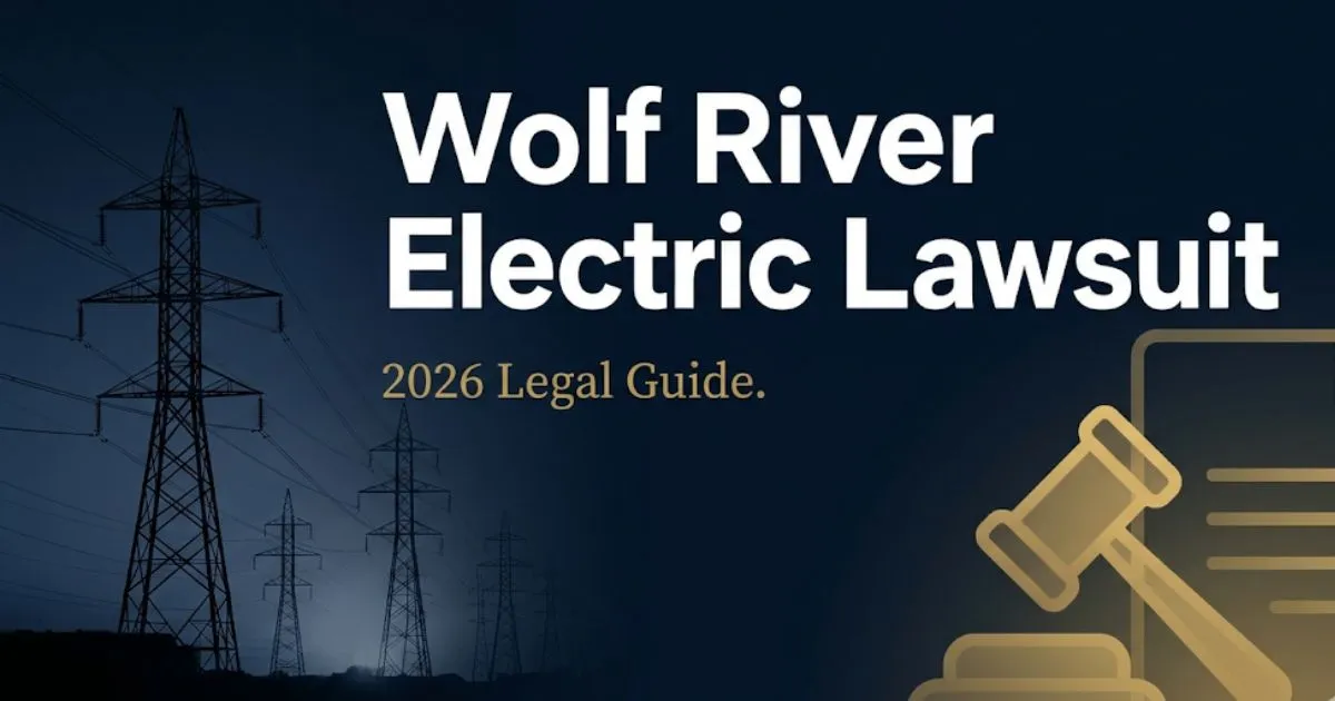 Wolf River Electric Lawsuit 2026 legal guide banner with power lines and gavel symbols on navy background