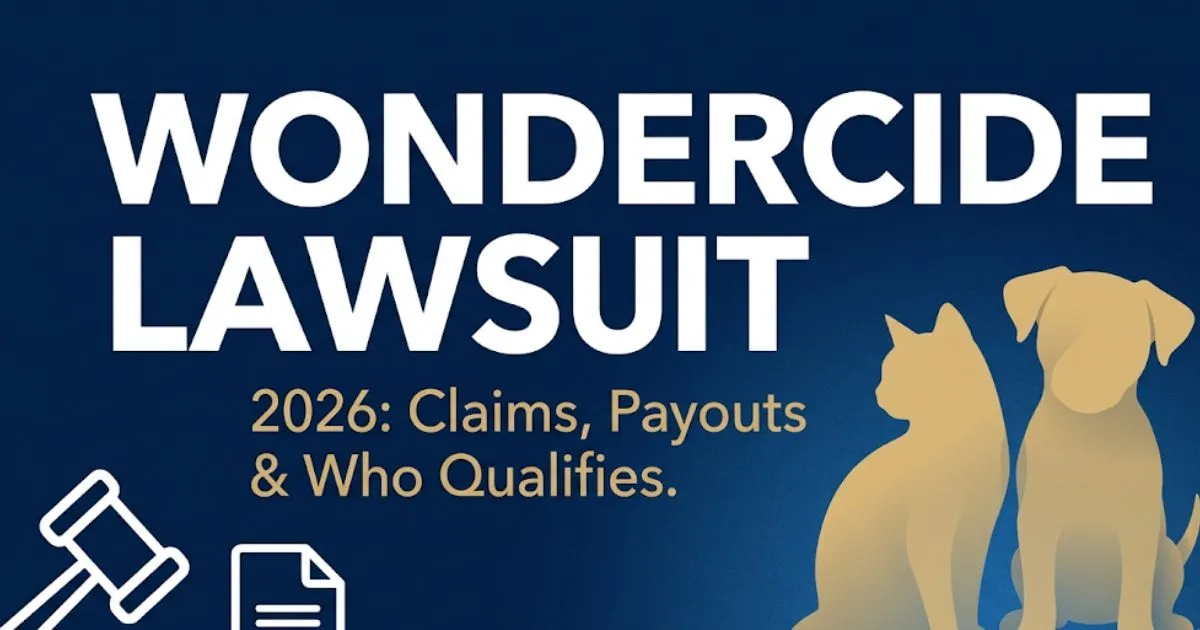 Wondercide lawsuit 2026 legal banner showing case details, pet silhouettes, and claim information for affected pet owners