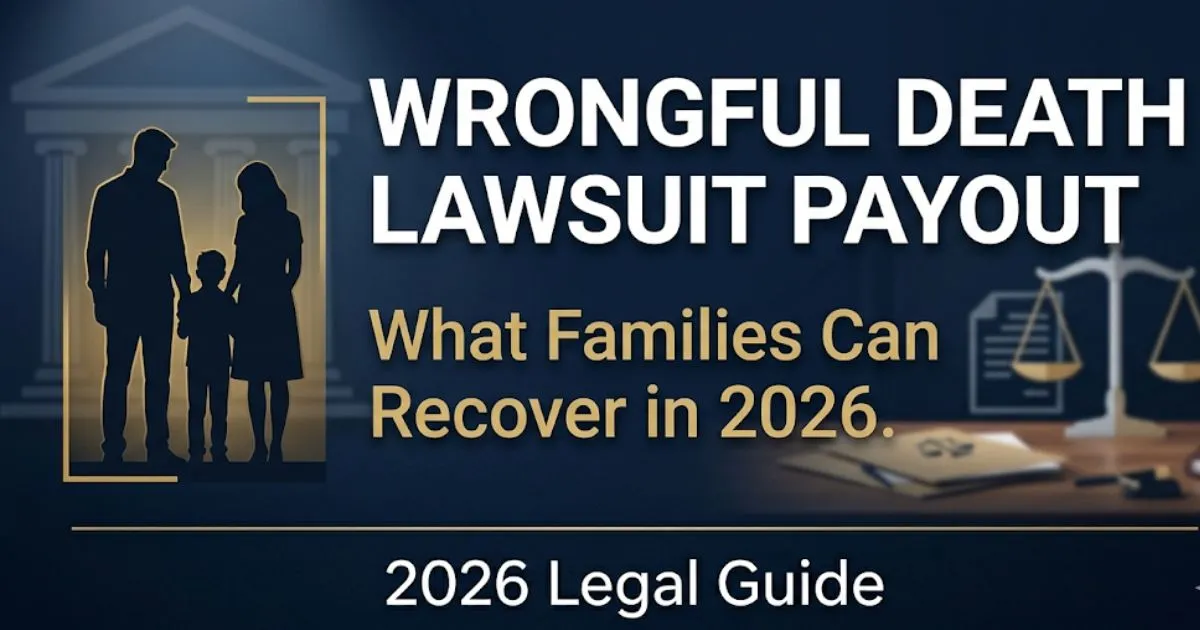 Wrongful death lawsuit payout 2026 guide banner with legal scales and courthouse background in navy and gold