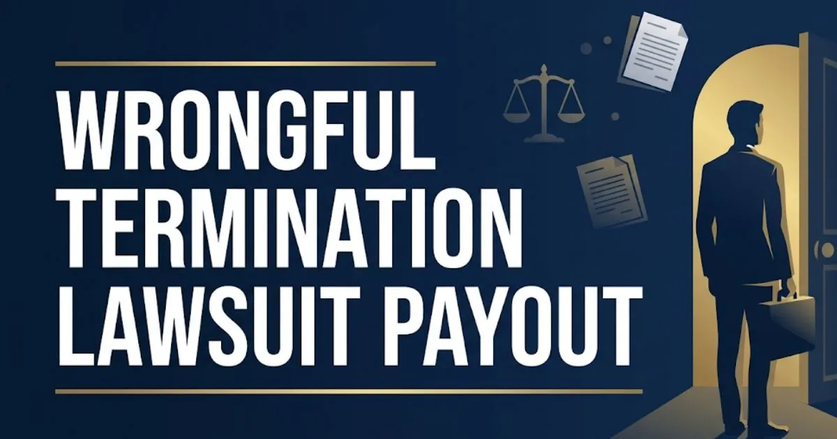 Wrongful termination lawsuit payout guide 2026 blog banner with courthouse silhouette and legal scale icons
