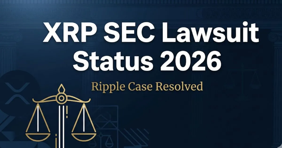 XRP SEC lawsuit status 2026 editorial banner showing legal scale icon and Ripple case resolved headline in navy and gold