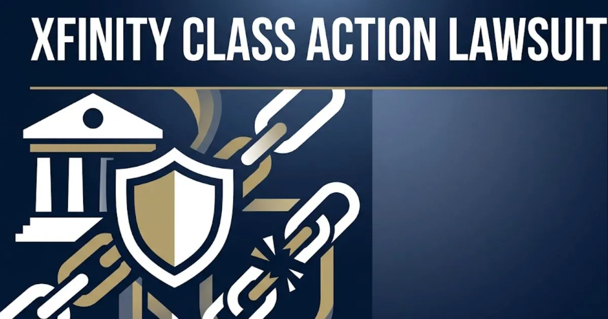 Xfinity class action lawsuit hero banner with legal symbols and bold headline text on a navy background