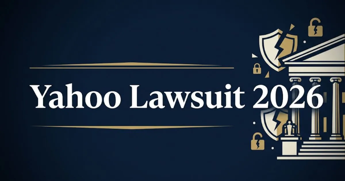 Yahoo Lawsuit 2026 editorial banner with courthouse silhouette and data breach icons on navy background