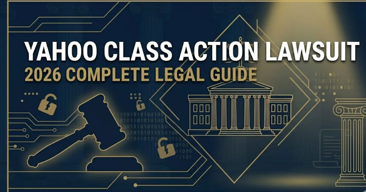 Yahoo class action lawsuit 2026 legal guide banner with gavel icon and courthouse silhouette on navy background