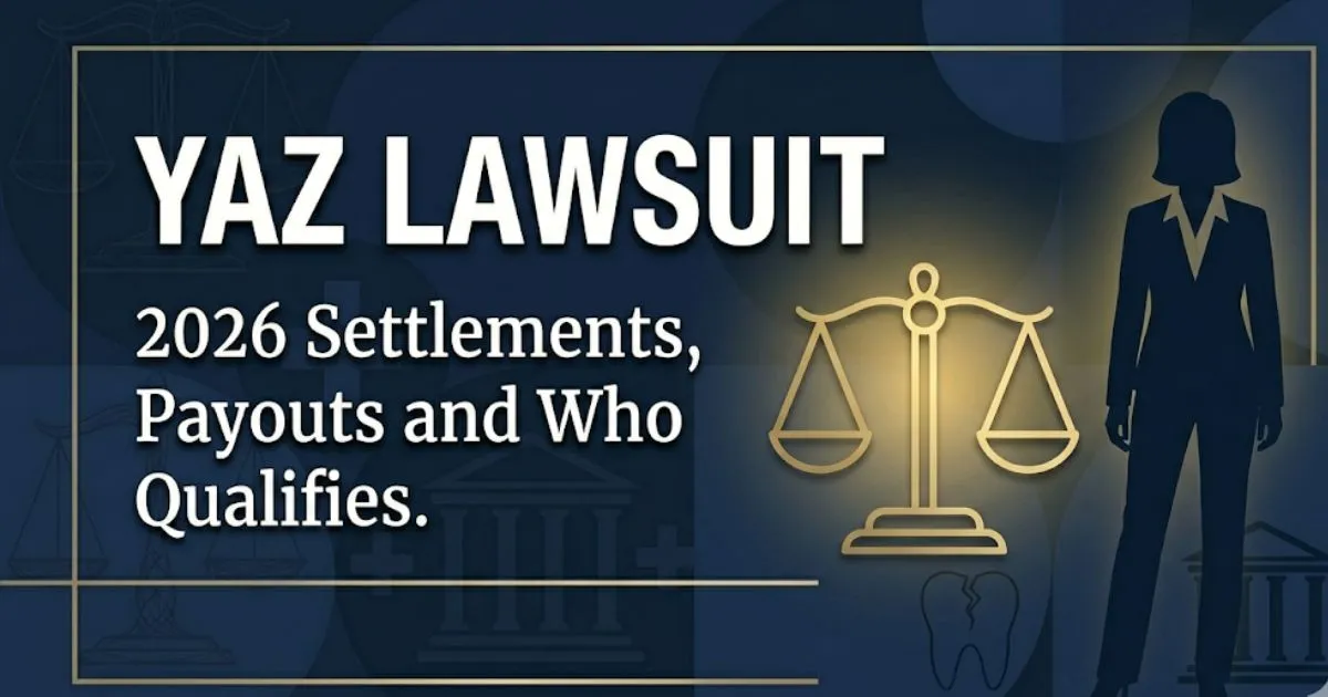 Yaz lawsuit 2026 hero banner showing settlement information, legal scales icon, and navy gold color palette
