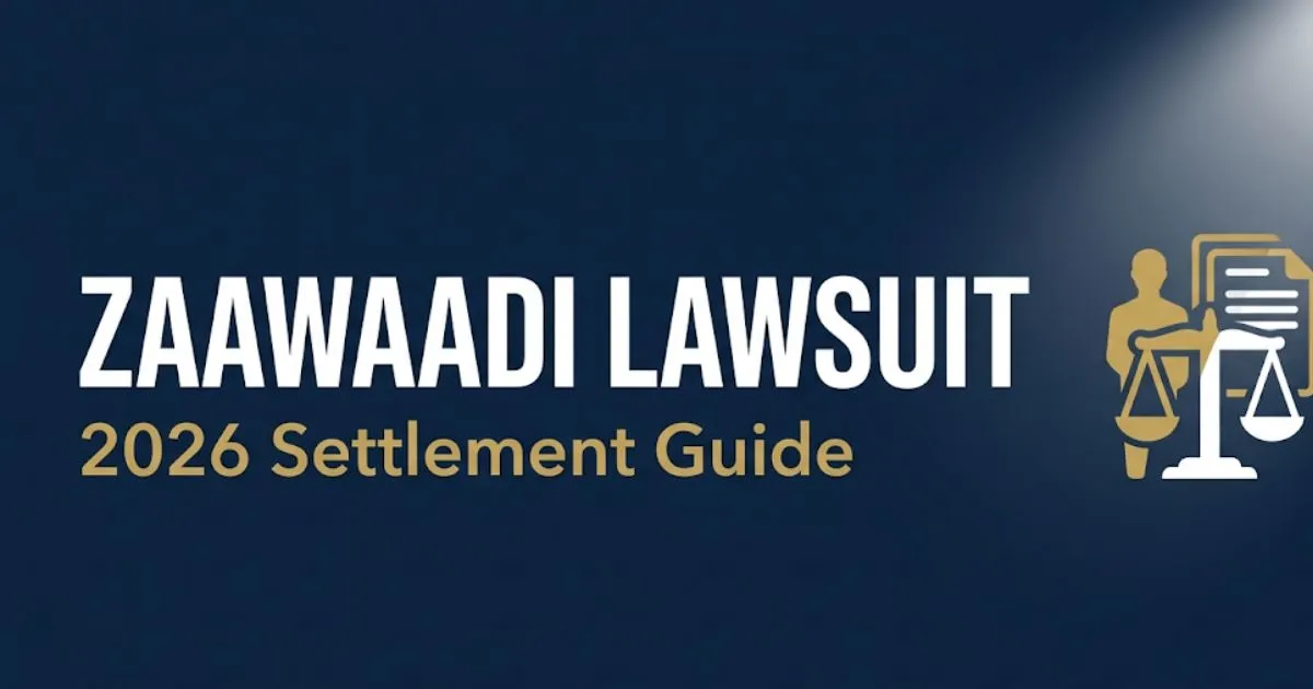 Zaawaadi lawsuit 2026 settlement guide banner with legal scales and navy gold design