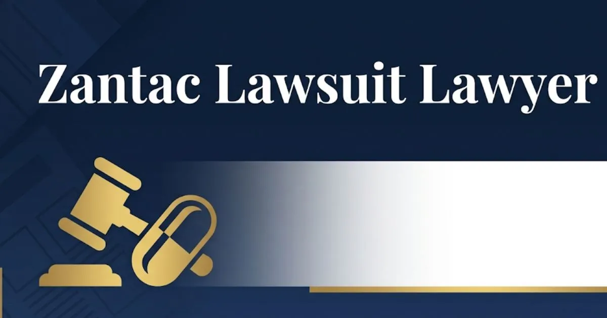 Zantac lawsuit lawyer guide banner with gavel and pill icon on navy background