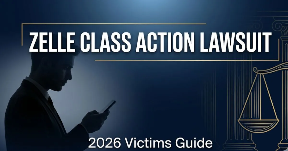 Zelle class action lawsuit 2026 hero banner with legal scales and bold headline text on navy background