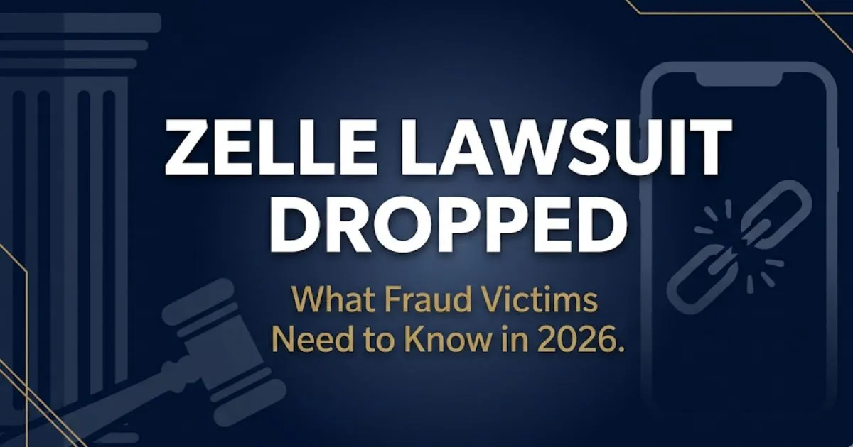 Zelle lawsuit dropped news banner with courthouse silhouette, smartphone icon, and 2026 consumer fraud victim information