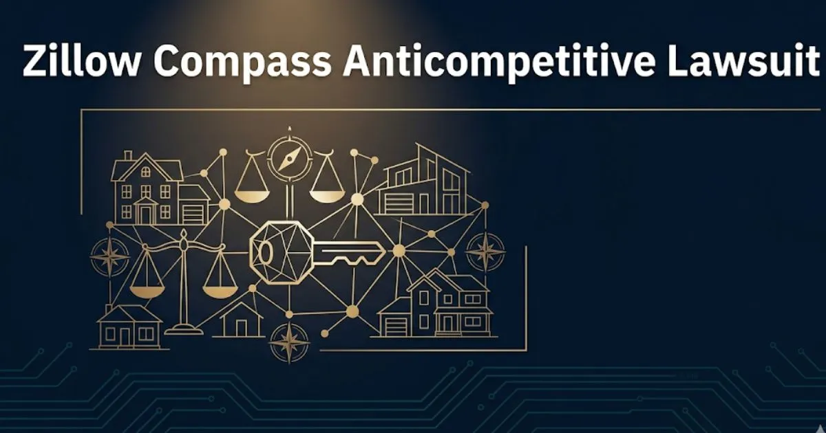 Zillow Compass anticompetitive lawsuit 2026 guide banner with legal scales and housing market icons on navy background