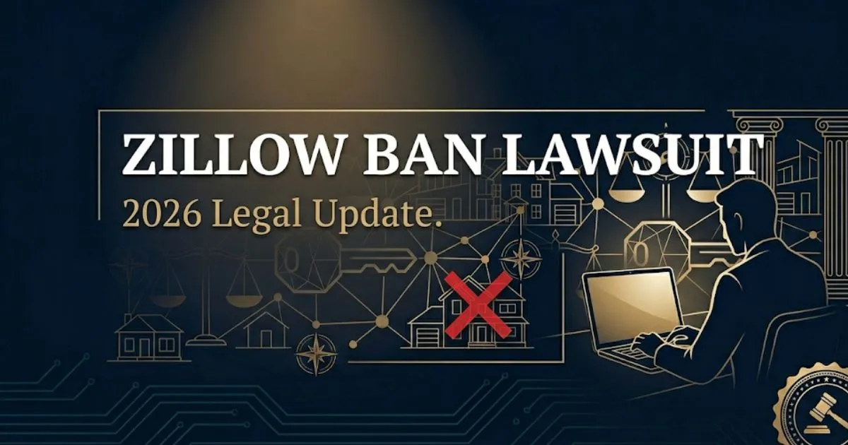 Zillow ban lawsuit 2026 legal update banner with house silhouette and antitrust legal symbols on navy background