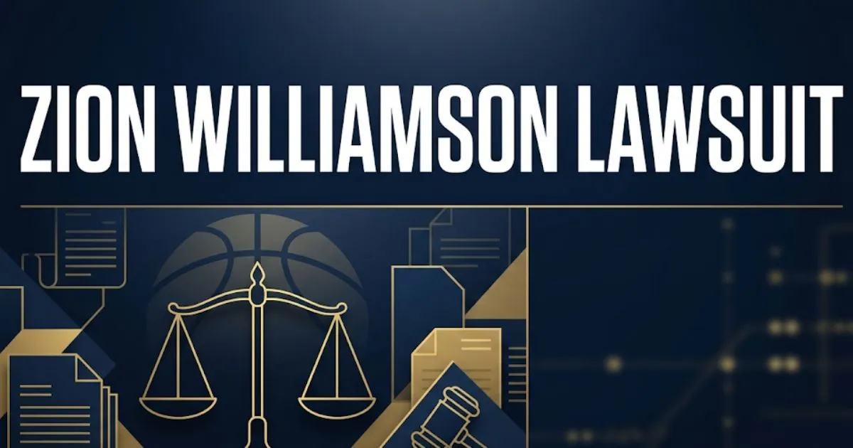 Zion Williamson lawsuit blog banner with legal scales and basketball silhouette on navy background