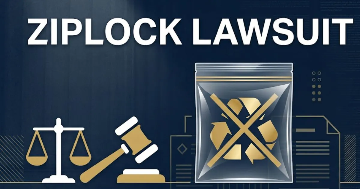 Ziplock lawsuit 2026 blog banner with gavel and recycling symbol on navy background